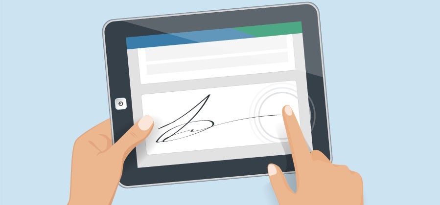 Person signs document on tablet